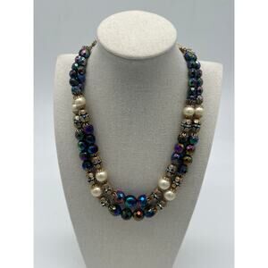 Vintage Signed Hobe Necklace Iridescent Glass Bead Multi Strand Statement